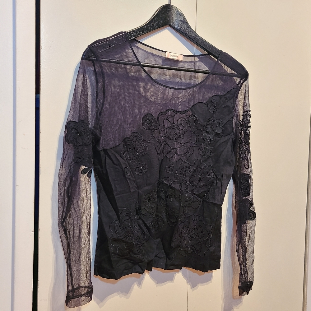 Incredible Laurèl sheer black mesh long sleeve